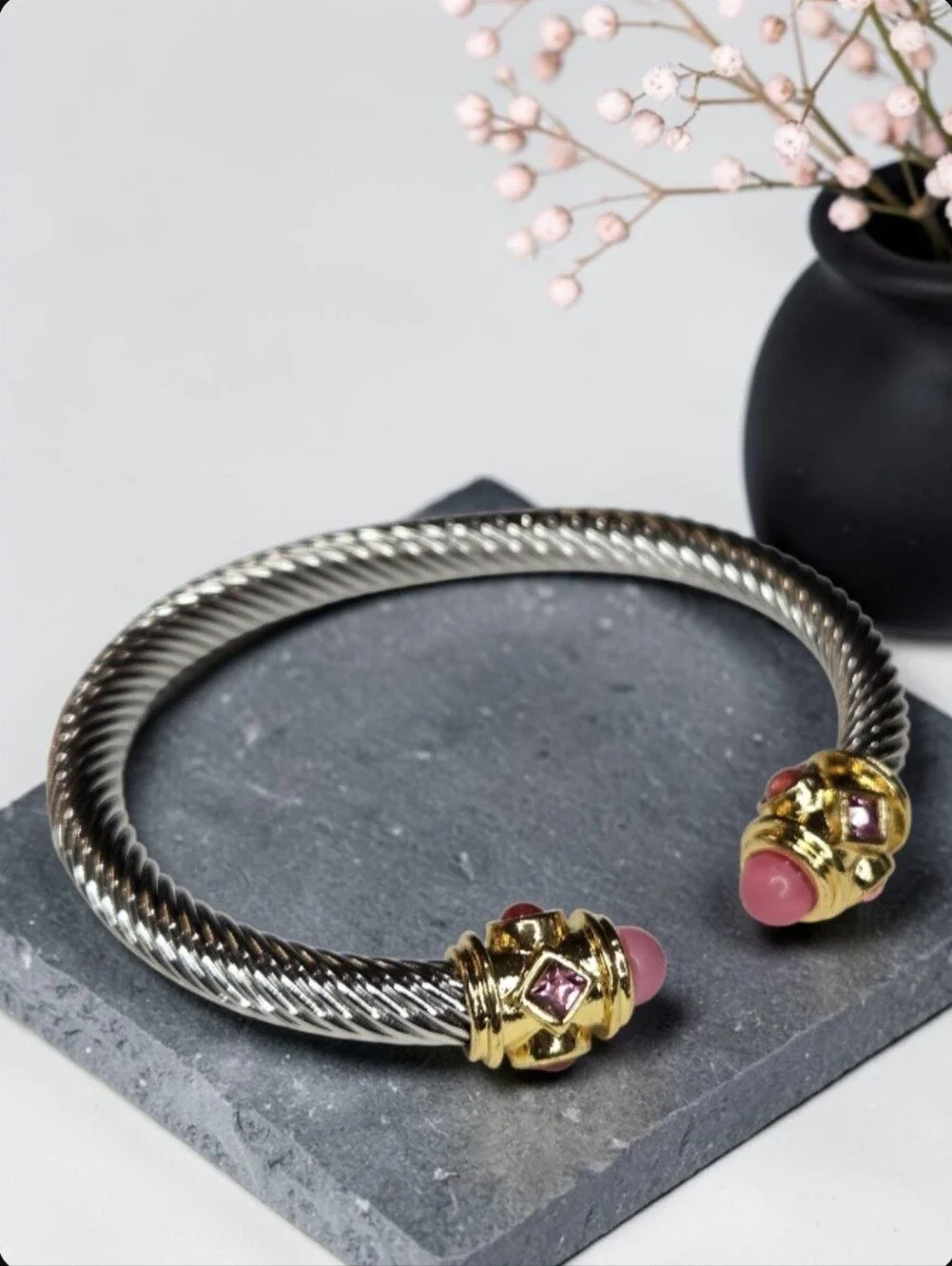 Luxury 18k Gold Plated 2 Tone Silver Twisted Cable Pastel Pink Crystal Bracelet